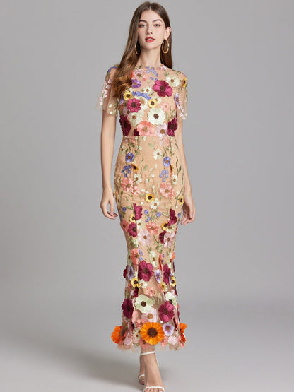 Embroidered 3D Floral Fitted Waist Short-sleeved Long Dress