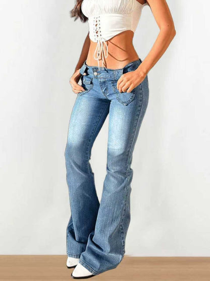 Washed Slim-fit High Stretch Low-rise Flared Jeans
