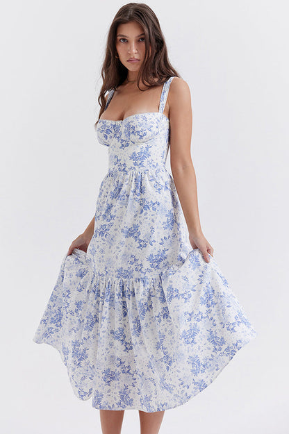 Floral Print Sweetheart Bustier Wide Strap Tiered Ruffle Hem Midi Dress