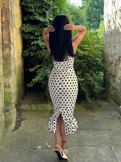 Polka Dot Fitted Ruched Skirt Midi Dress