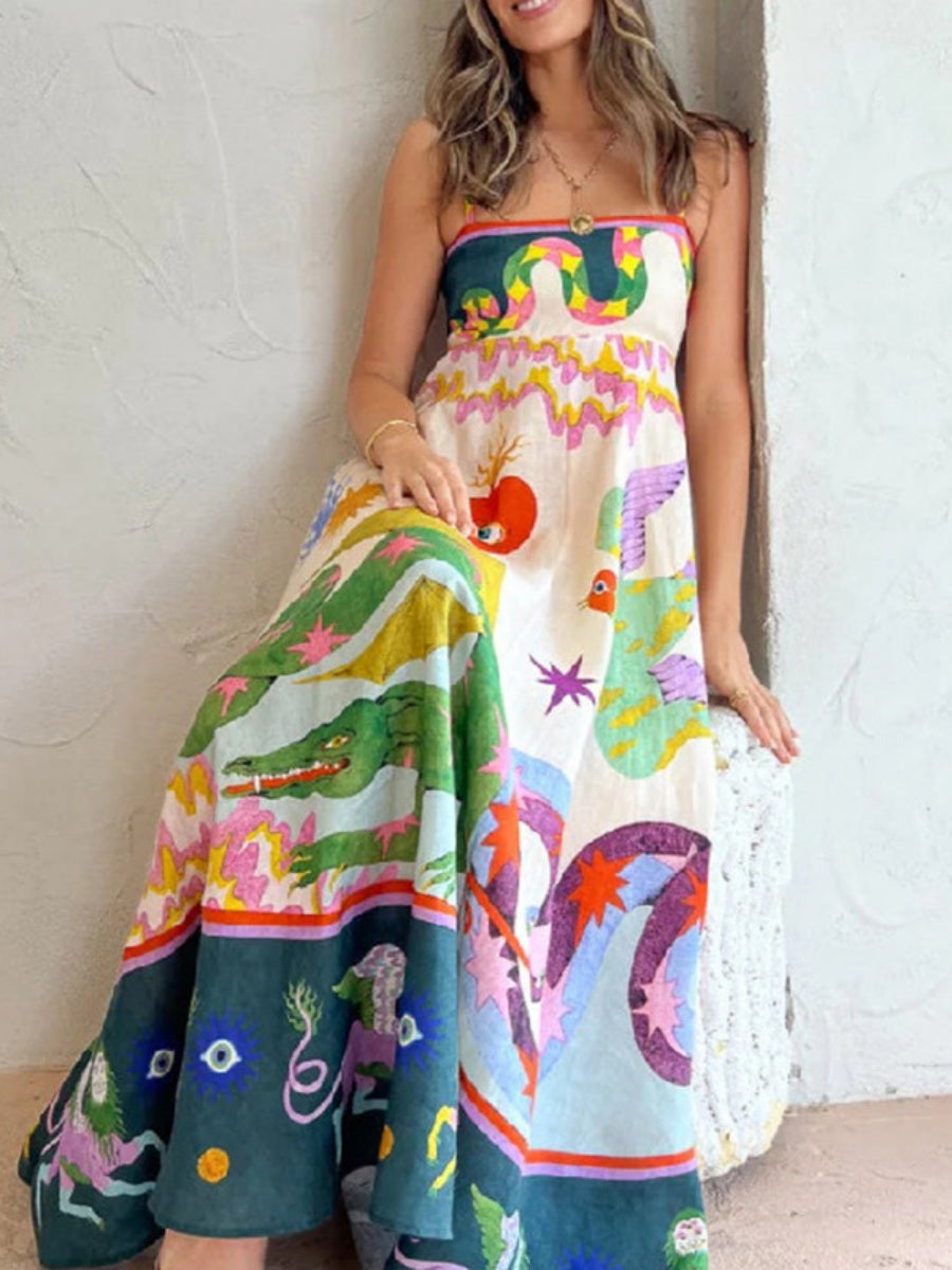 High-waisted Anime Cartoon Print Suspender Long Dress