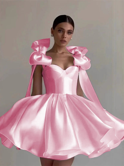 Glossy Fabric, Bow Design, Spaghetti Strap Mini Dress