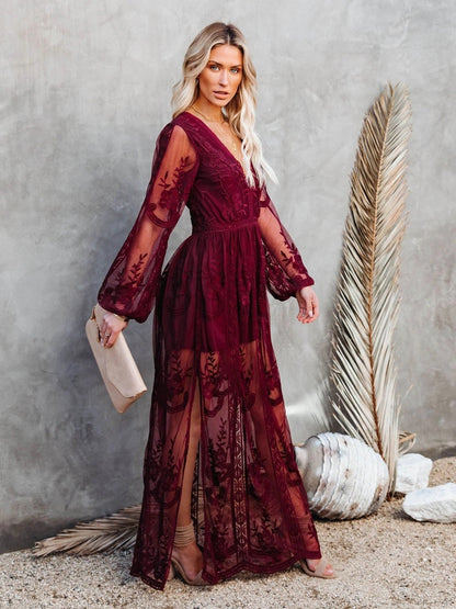 Lace Long-sleeved V-neck Solid Color Chiffon Long Dress