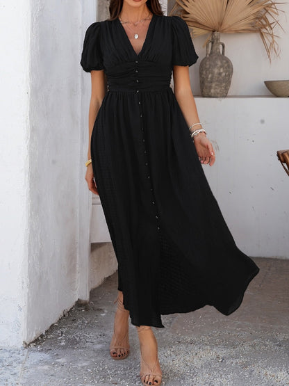 Slit Short Sleeve V-neck Vacation And Leisure Maxi Dresses