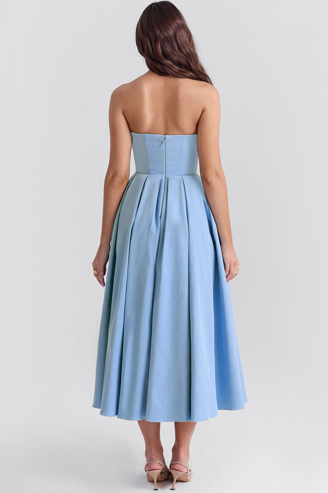 Strapless Princess Seam Pleated A-Line Midi Dress