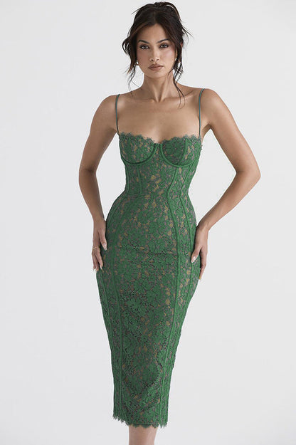 Corset Bodice Floral Lace Spaghetti Strap Scalloped Hem Midi Dress