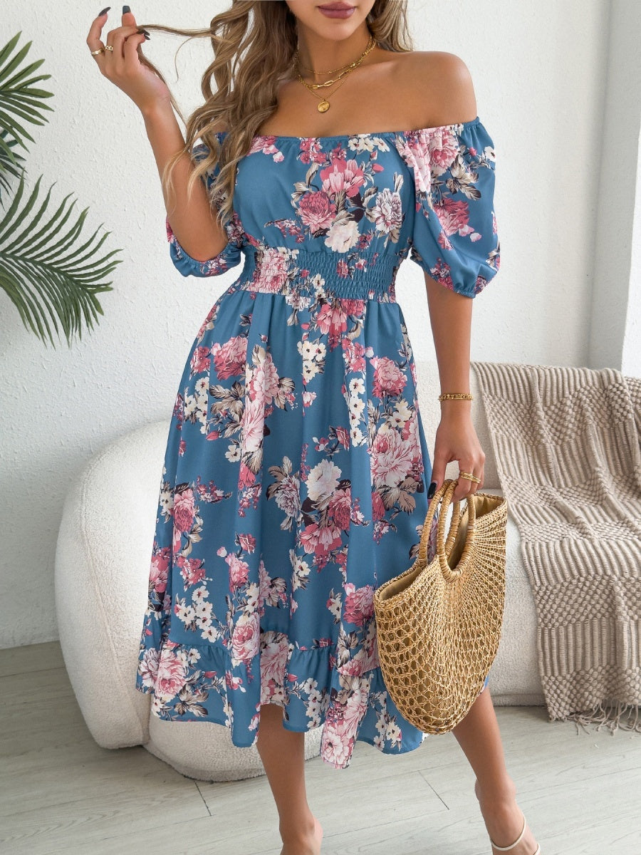 Ruffle Printed Vacation Off-shoulder Mini&Short Dresses