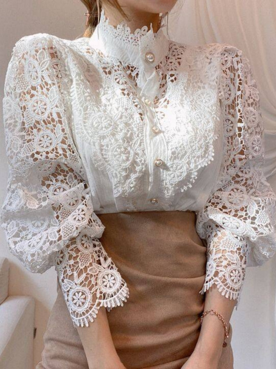 Button-up Lace Openwork Floral Patchwork Shirt
