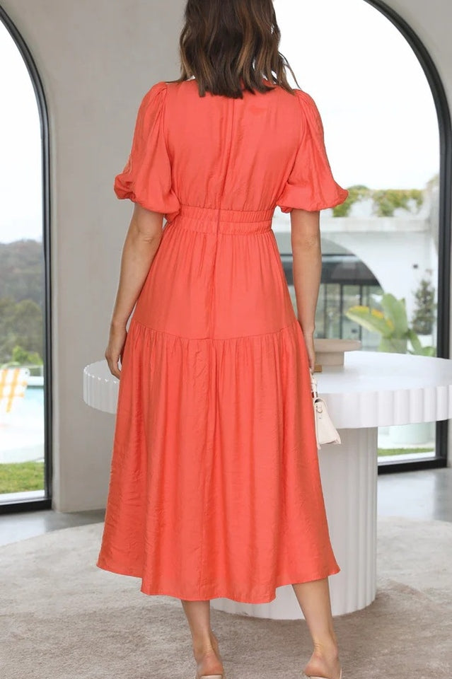 V Neck Puff Sleeve Smocked Empire Waist Tiered Midi Dress