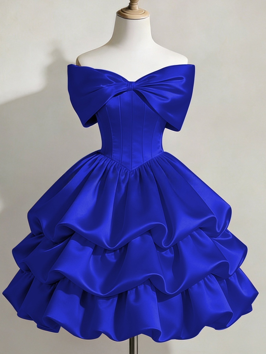 Satin Off-shoulder Bow Design Multi-layered Short Dress