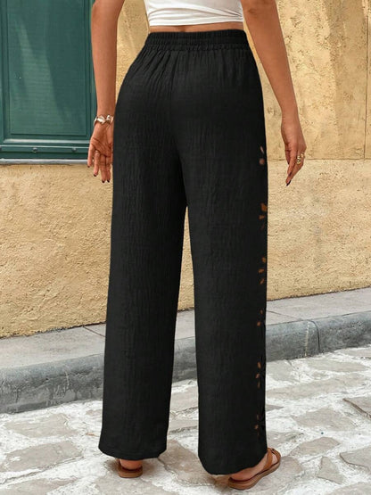 Minimalist Style Drawstring Hollow-out Solid Color Loose Wide-leg Trousers