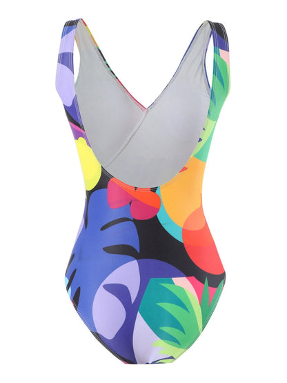 One-piece Swimsuit With Cross-over Print, Revealing Backpack And Hip-revealing Long Skirt (two-piece Set)