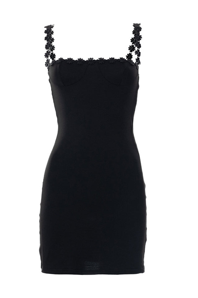 Shelf Neckline Daisy Applique Strap Bodycon Mini Dress