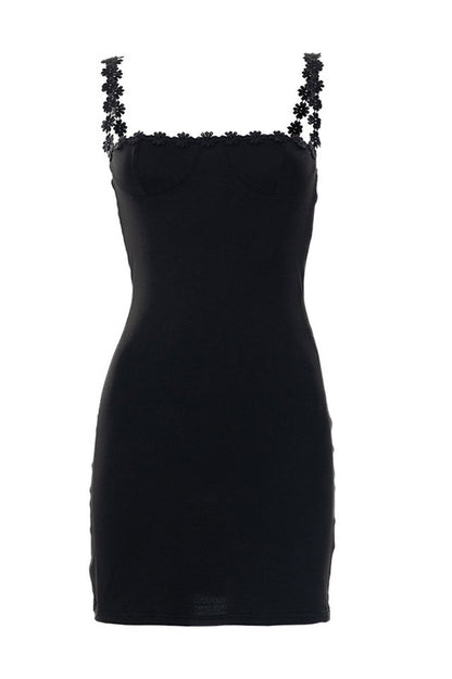 Shelf Neckline Daisy Applique Strap Bodycon Mini Dress