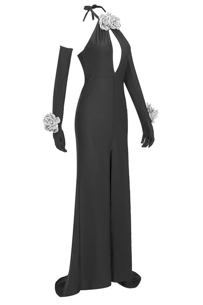 Halter Keyhole Neck Floral Rosette High Slit Maxi Gown