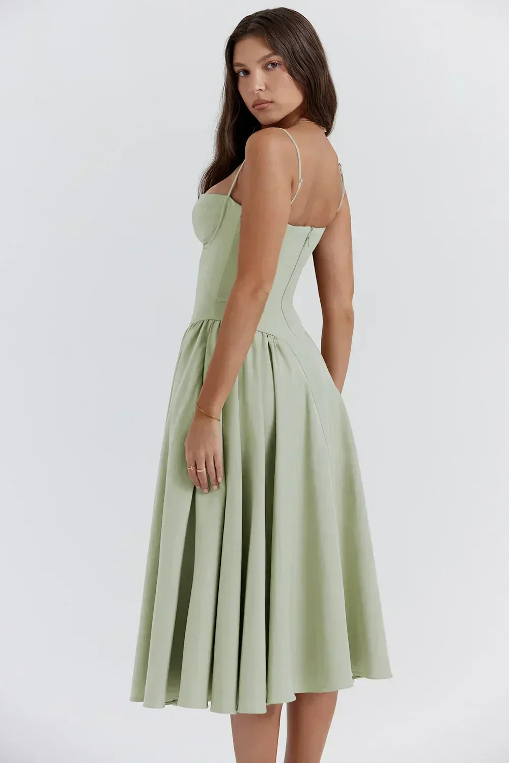 Corset Bustier Spaghetti Strap Basque Waist Pleated Midi Dress