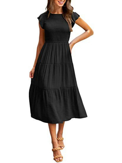 Solid Color Ruched Layered Short-sleeved Maxi Dress