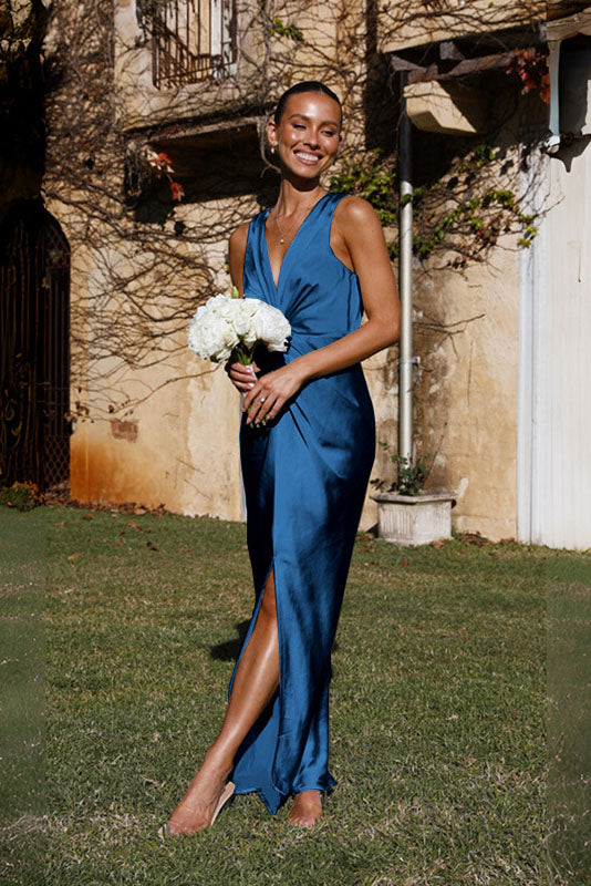 Satin Deep V-Neck Sleeveless Open-Back Cinched Waist Column Maxi Dress