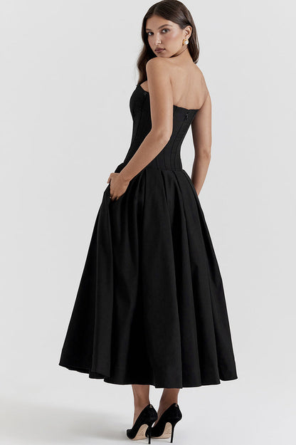 Strapless Deep Plunge Corset Boned Pleated A-Line Midi Dress