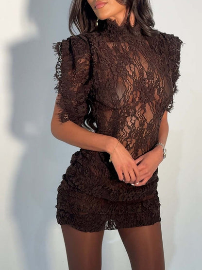 High-neck Lace Bodycon Pleated Sexy Short Dress