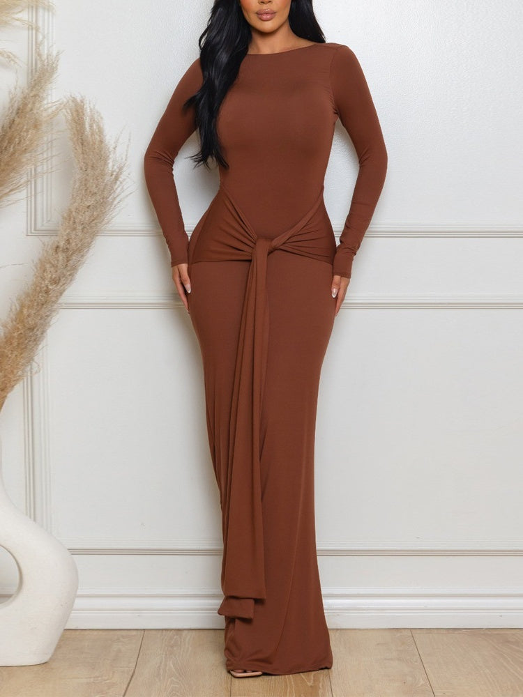 Kink Solid Color Waist-cinching Backless Long Dress