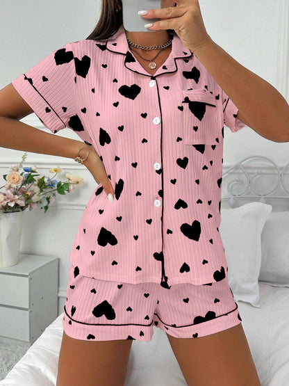 Heart-print Cardigan With Collar And Button-down Short Sleeves And Shorts, Two-piece Loungewear Set