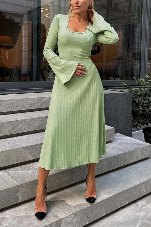 Ribbed Knit Scoop Neck Bell Sleeve Bodycon Maxi Dress