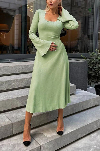 Ribbed Knit Scoop Neck Bell Sleeve Bodycon Maxi Dress