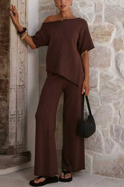 Stylish Asymmetrical Shoulder Short Sleeves Knit Top