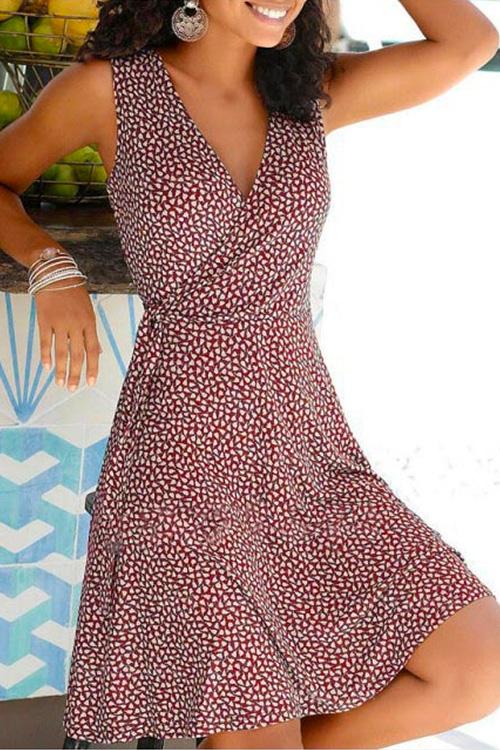 Margovil Wrap V Neck Printed Sleeveless Flowy Dress