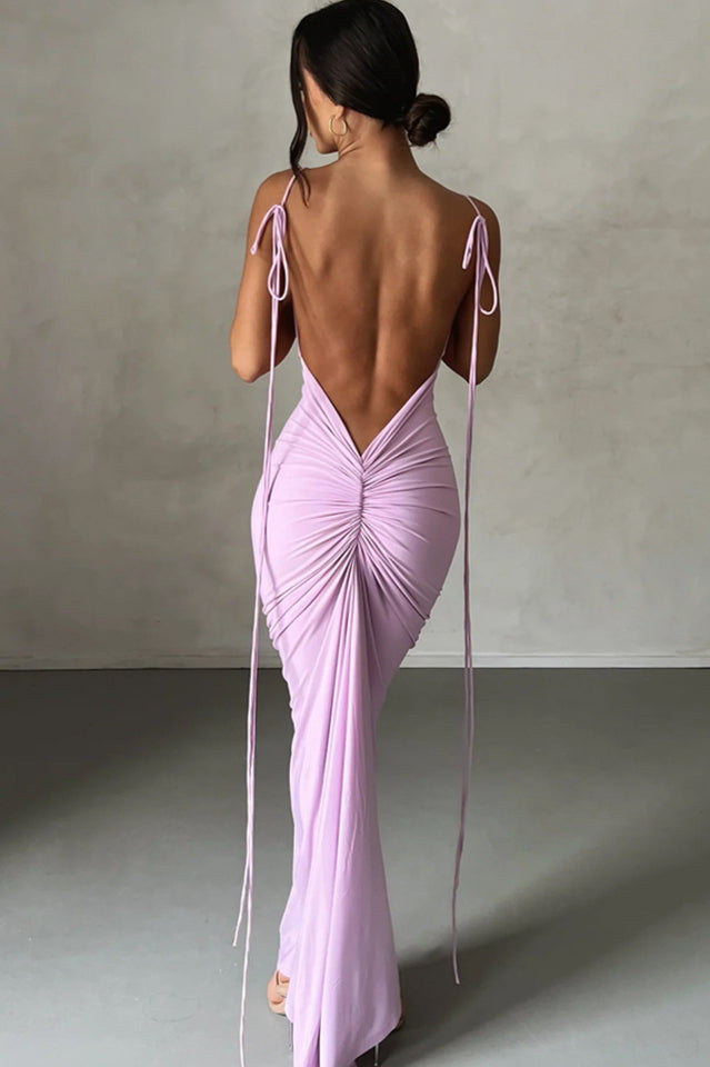 Deep V Back Tie Strap Ruched Gathered Back Bodycon Maxi Dress