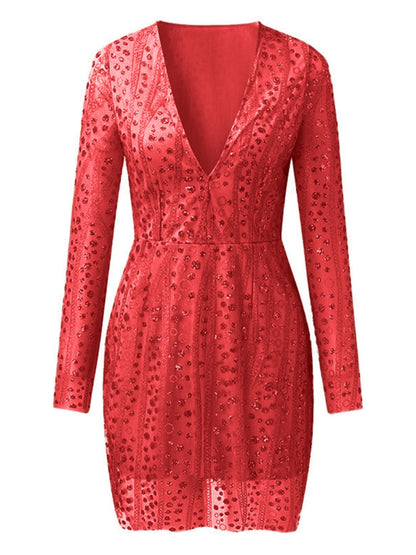 Deep V Long Sleeve Polka Dot Sequins Mini&Short Dresses