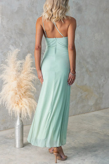 Margovil One Shoulder Slit Ruffle Mesh Maxi Dress