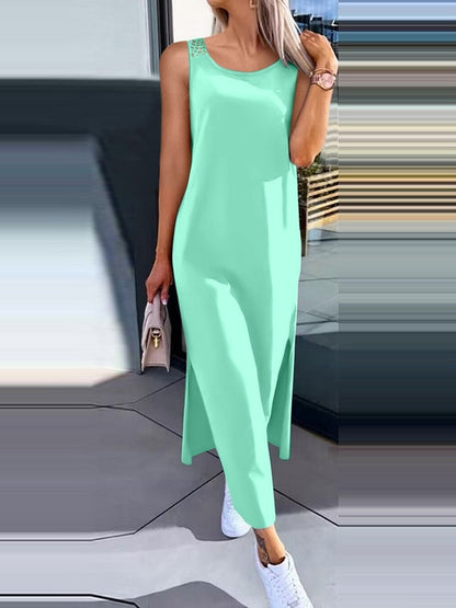 Simple Solid Color Sleeveless Long Dress With Openwork Floral Pattern On The Back