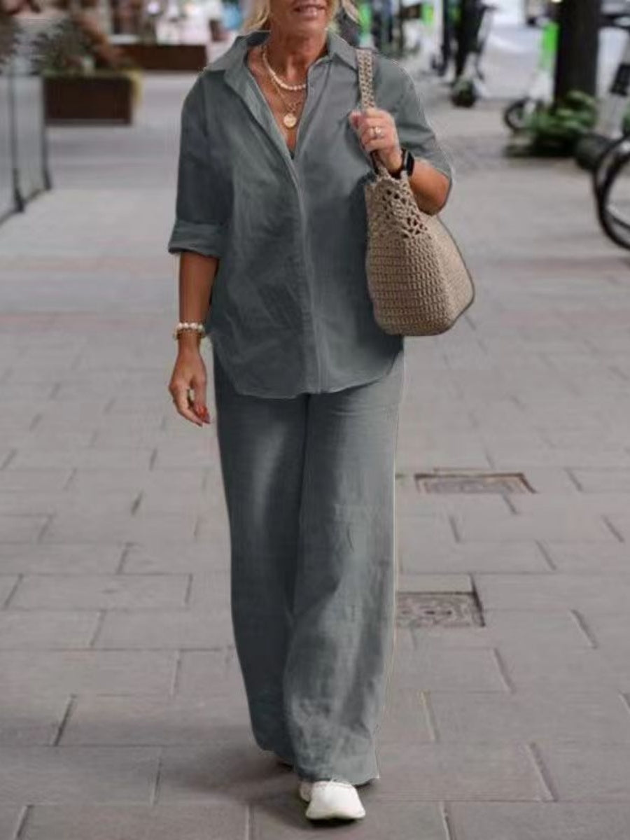 Collared Long-sleeved Shirt And Casual Solid Color Wide-leg Pants Two-piece Set For Spring And Autumn