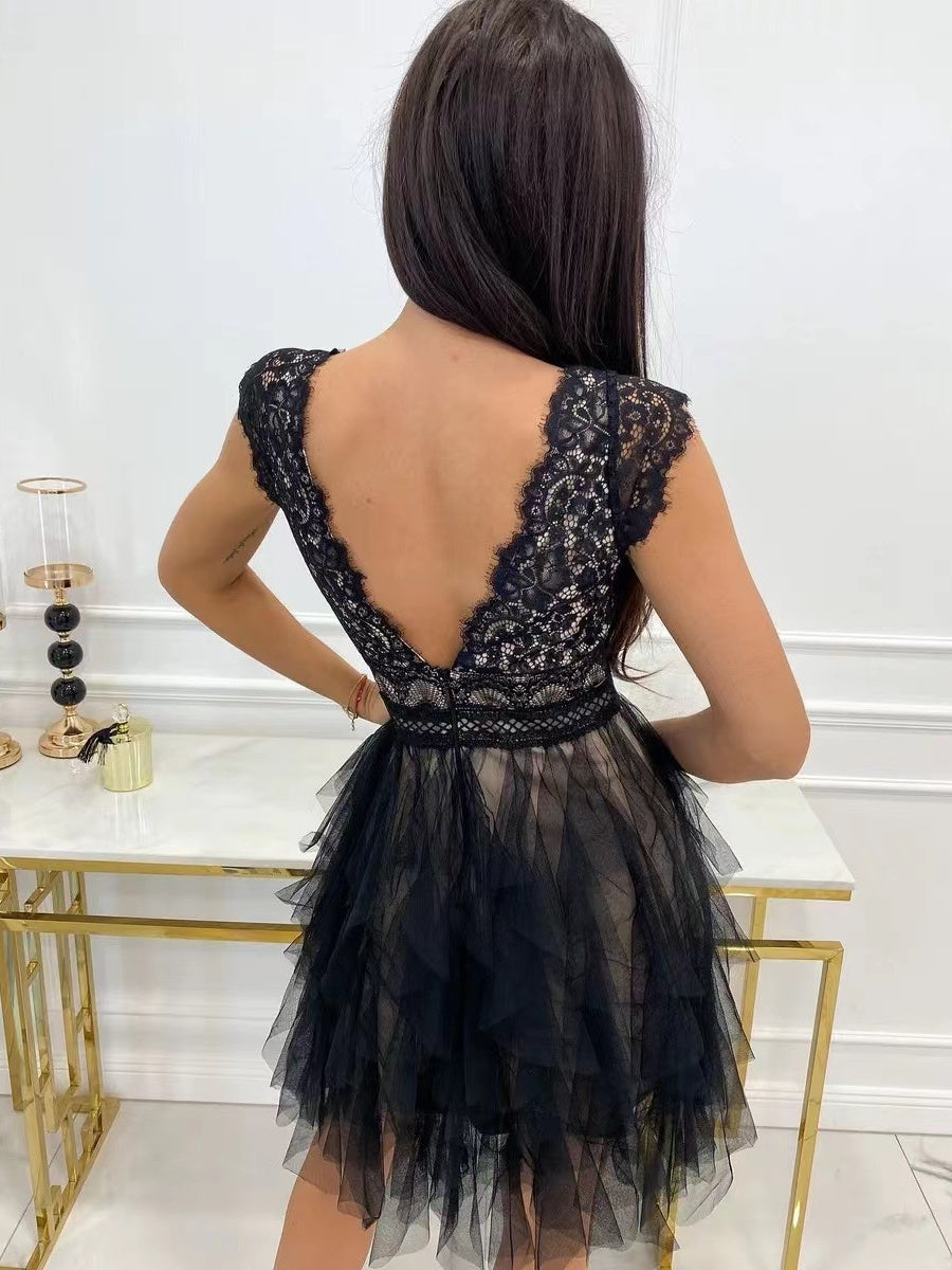 V-neck With Lace Trim Multi-story Mesh Sleeveless Mini&Short Dresses