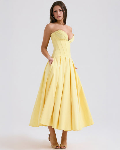 Strapless Deep V Neck Corset Bodice Pleated Fit and Flare Midi Dress