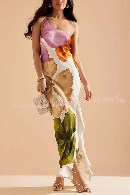 Love Filled Floral Print One Shoulder Side Ruffles Maxi Slip Dress