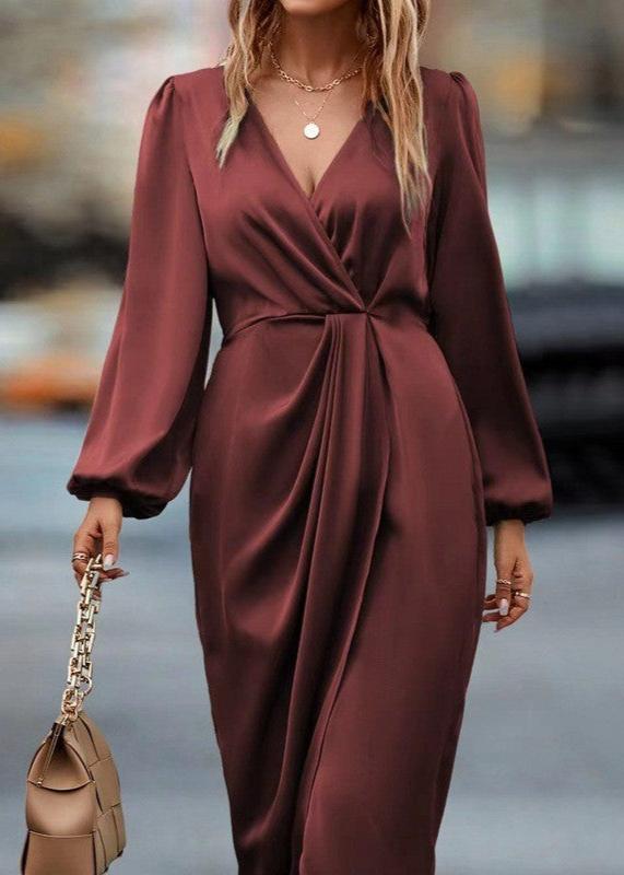Wrap V-Neck Bishop Sleeve Twist-Waist Draped Midi Dress