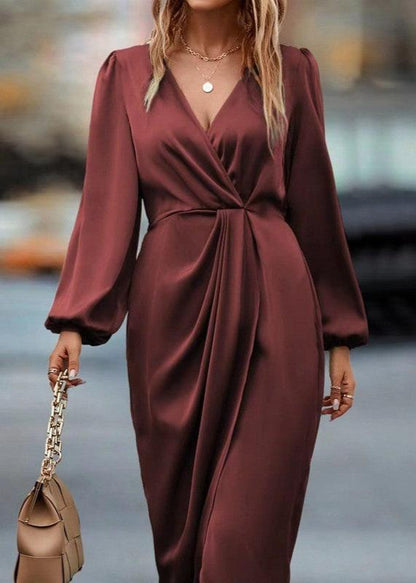Wrap V-Neck Bishop Sleeve Twist-Waist Draped Midi Dress