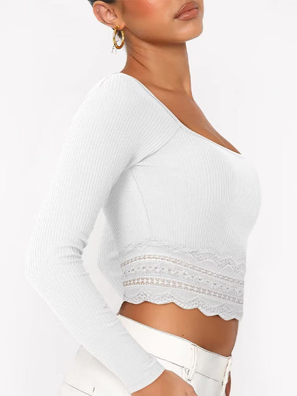 Solid Color Lace Hem Square Neck Crop Long Sleeve Knit