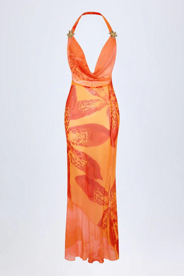 Unique Print Halter Neck Backless Sexy Slit Holiday Maxi Dress