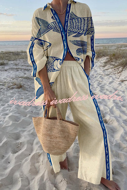 Unique Ocean Print Oversized Shirt and Elastic Waist Pocket Pants Set
