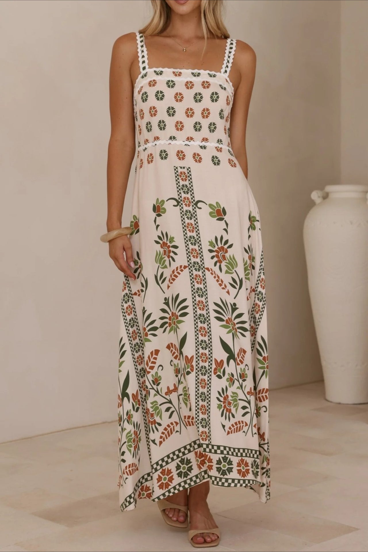 Scalloped Trim Square Neck Panel Print Border Hem Maxi Dress
