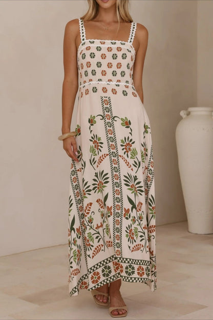 Scalloped Trim Square Neck Panel Print Border Hem Maxi Dress