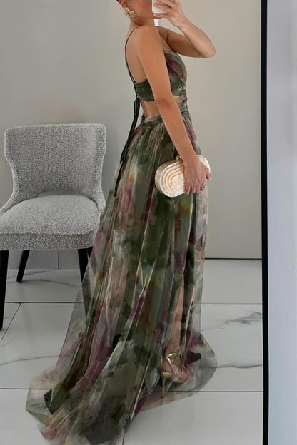 Giselle Tulle Render Floral Print Cutout Waist Back Lace-up Maxi Dress