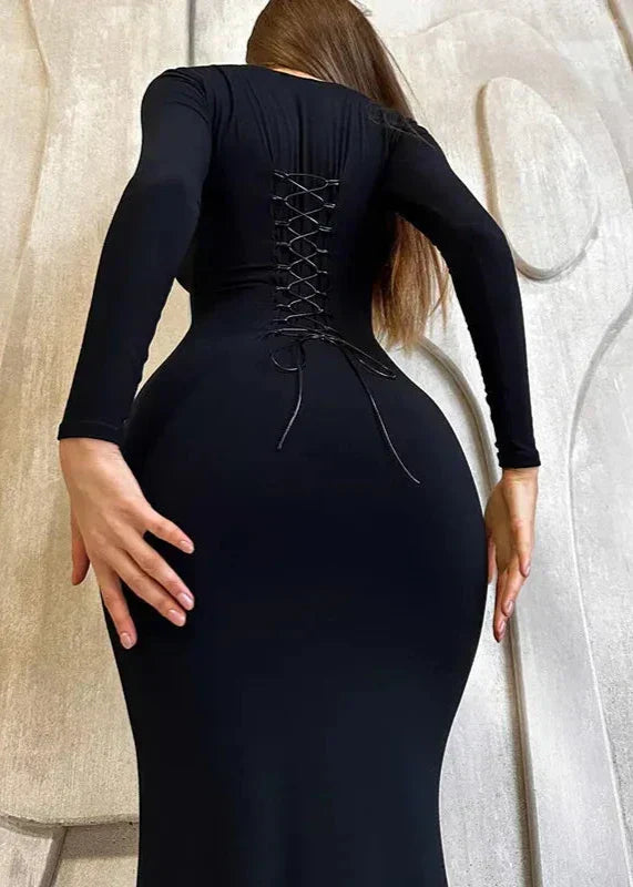 Square Neck Long Sleeve Mermaid Hem Bodycon Maxi Dress