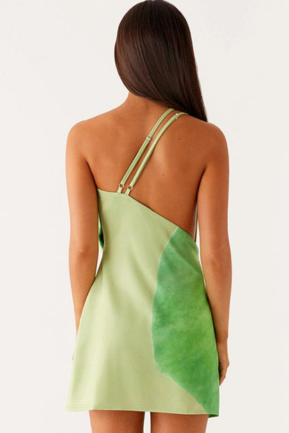 One Shoulder Teardrop Cutout Abstract Print Draped Mini Dress