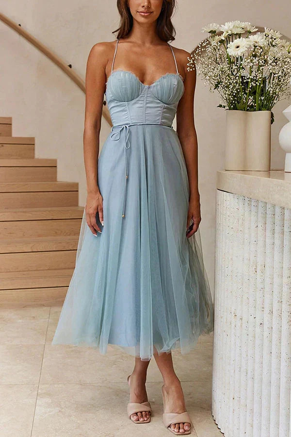 Sweetheart Neck Spaghetti Strap Corset Lace Up Tulle Skirt Midi Dress
