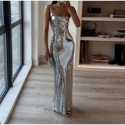 Sequin Square Neck Tank Strap Side Cut Out Bodycon Maxi Dress